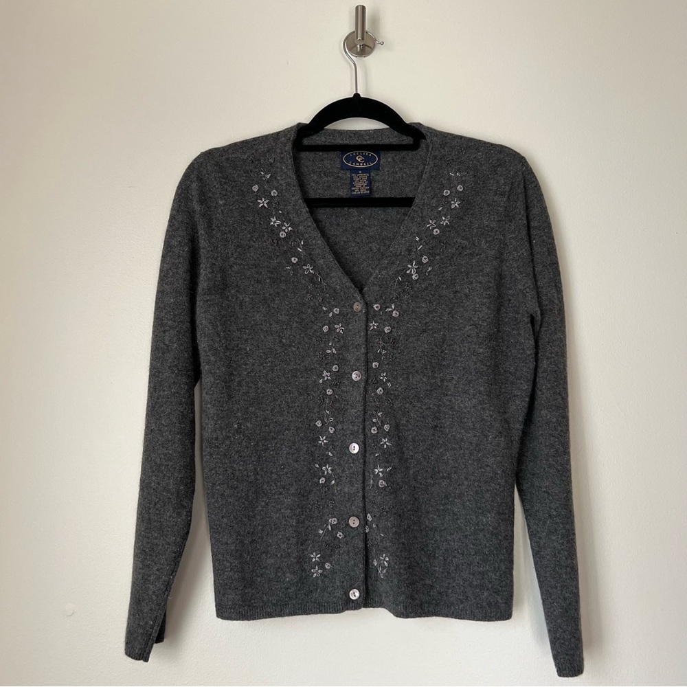 Vintage Chelsea Campbell Lambswool Angora Grey Embroidered Floral Cardigan, S - Picture 10 of 10